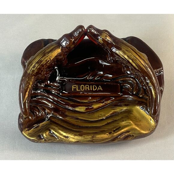 Vintage Art Deco Alligator Florida Ashtray Kissing Brown Gold Japan - Picture 1 of 10